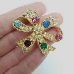 Vintage Colorful Rhinestone Bow Shape Brooch, Gold Tone Setting, Retro 80s Style